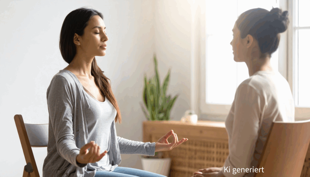 Coaching oder Supervision, Klientin führt gerade eine kleine Achtsamkeitsübung durch