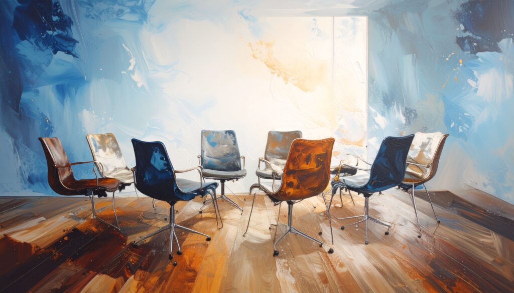 Heller Raum mit leerem Stuhlkreis – Sinnbild für professionelle Supervision.