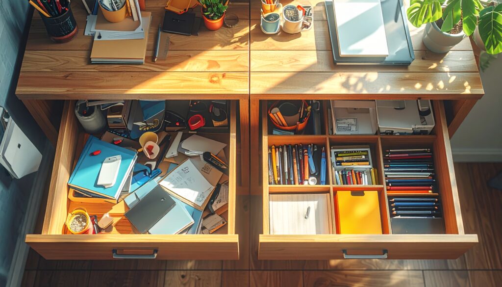 Zwei Schubladen nebeneinander, die eine aufgeräumt und die andere chaotisch.