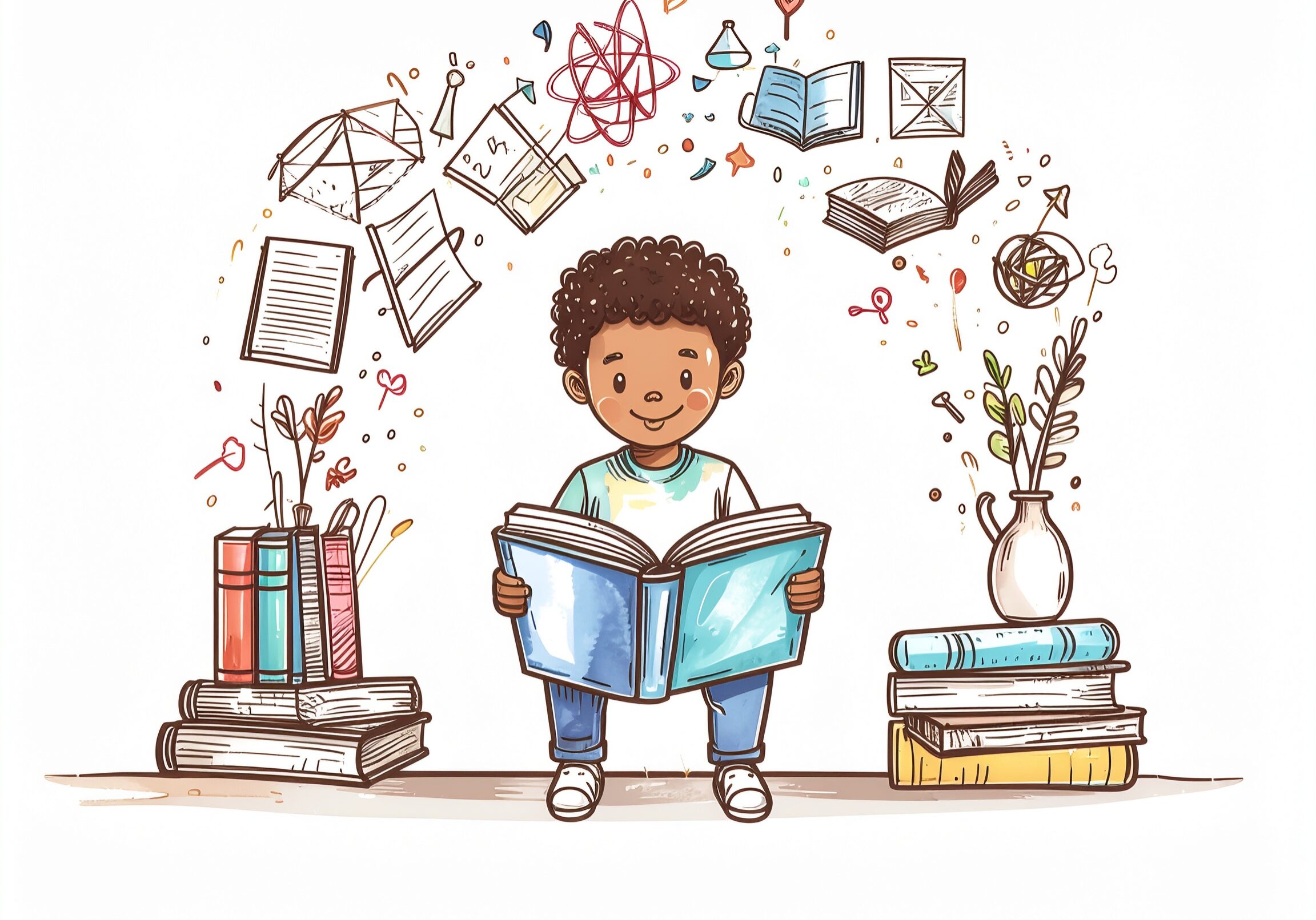 Ein Kind liest ein Buch und aus den Büchern kommen unterschiedliche Dinge herausgeschwebt.