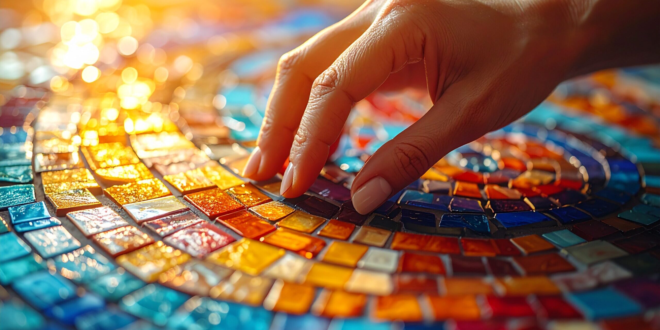 Ein Mensch oder eine Hand setzt ein kleines, farbiges Mosaiksteinchen in ein noch unfertiges Mosaikbild.